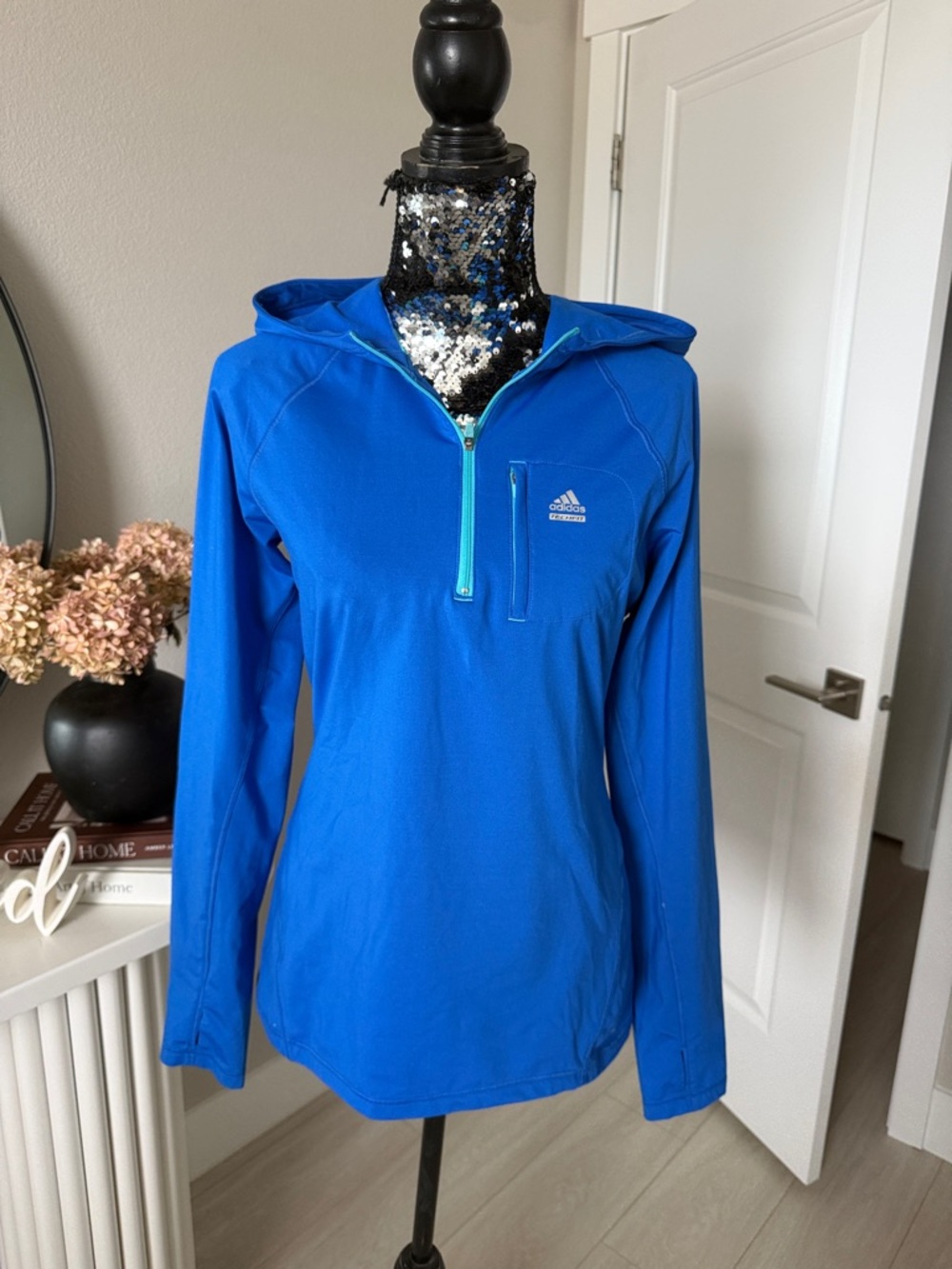 adidas Royal Blue Hooded Quarter-Zip Pullover with Teal Trim